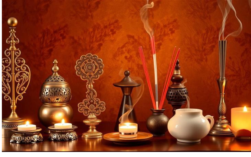 Various candles and incense sticks on a table, highlighting the best incense holders for aromatic experiences.