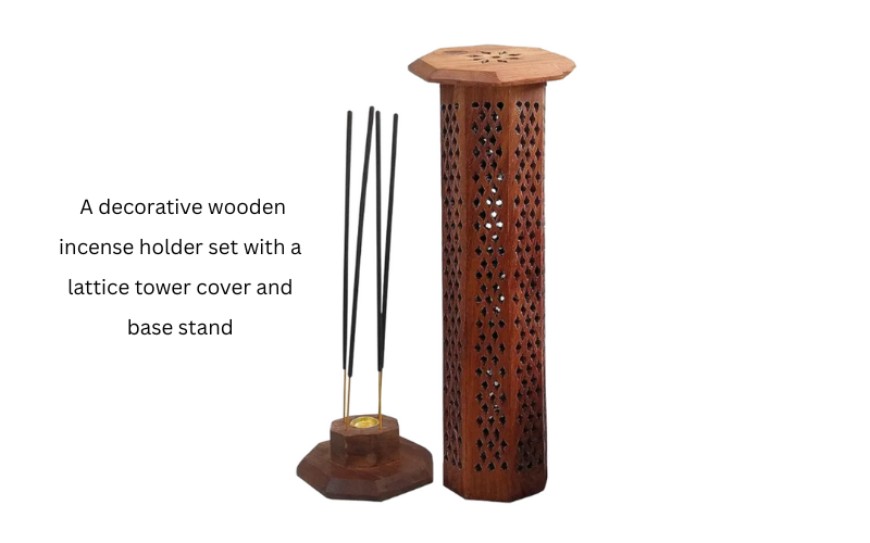 Decorative wooden incense holder set with lattice tower cover and base stand holding multiple incense sticks.