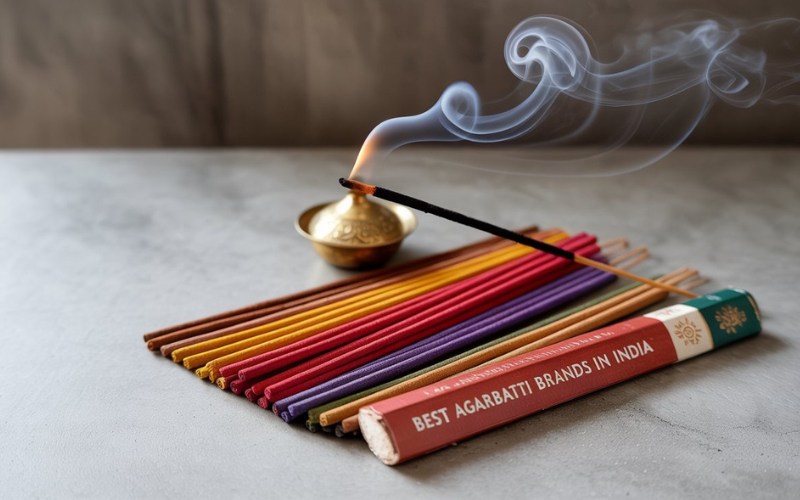 Lit incense stick with colorful agarbattis and a package labeled "Best Agarbatti Brands in India" on a table.