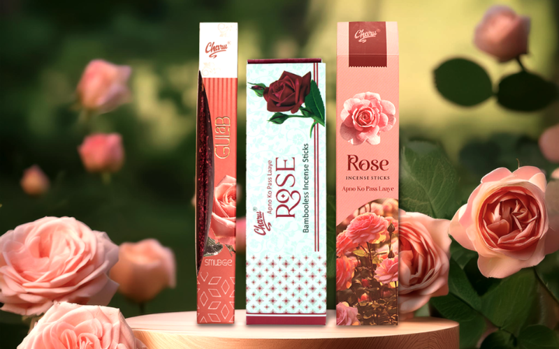 Rose agarbatti boxes displayed on a wooden platform with roses in the background, highlighting floral fragrance and elegant packaging.