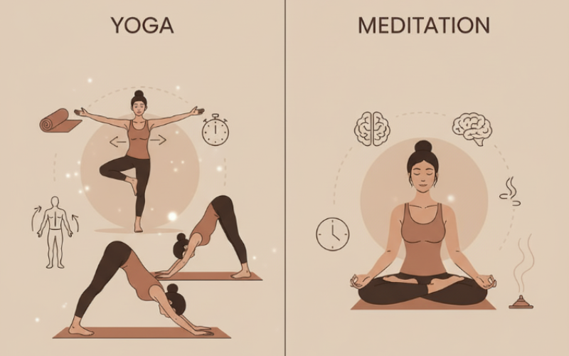 Illustrated comparison of yoga and meditation practices with incense elements