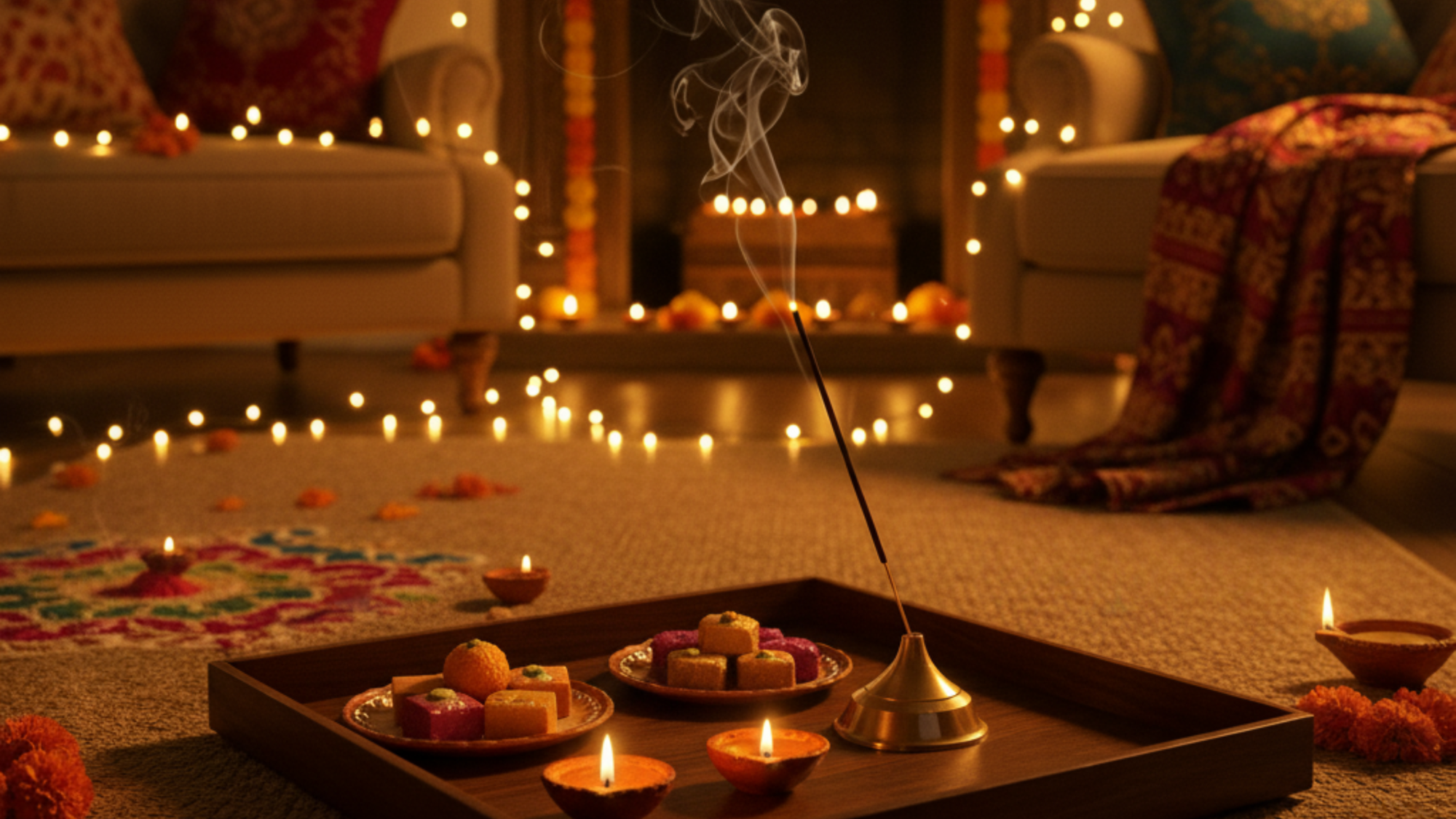 A cozy living room decorated with lights and incense burning for Diwali
