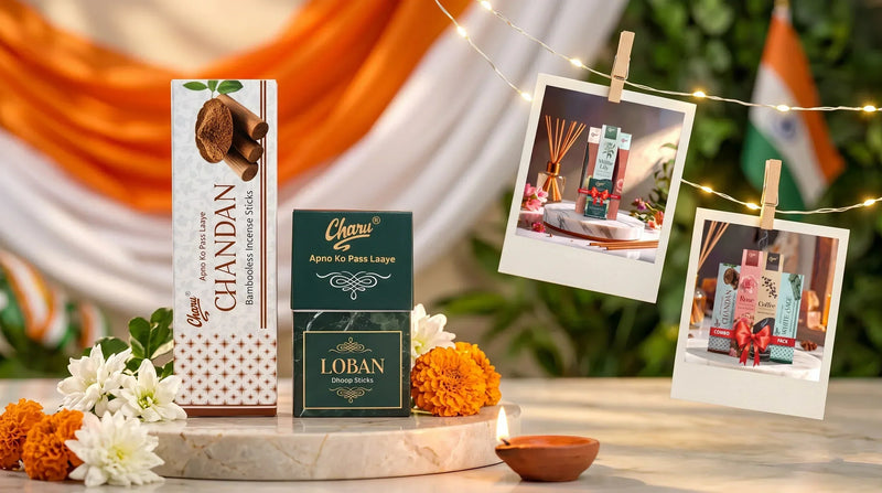 Charu incense stick gift sets displayed with Indian tricolor decor for Independence Day 2026.