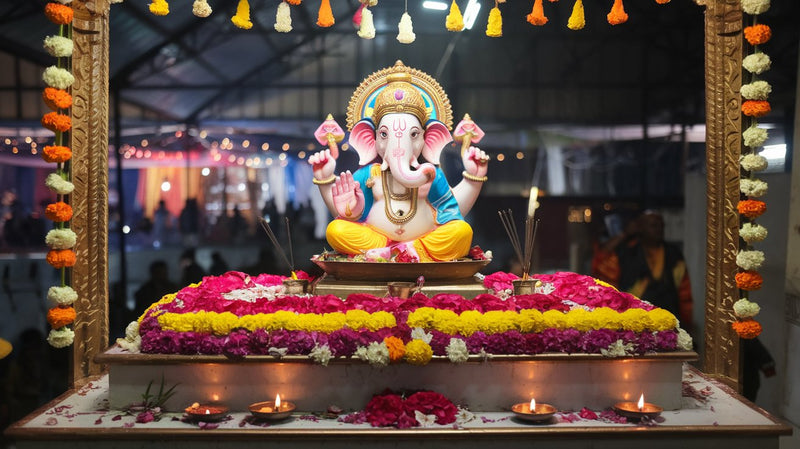 A beautifully decorated Ganesh idol with vibrant flowers, incense, and diyas, creating a divine and festive ambiance.