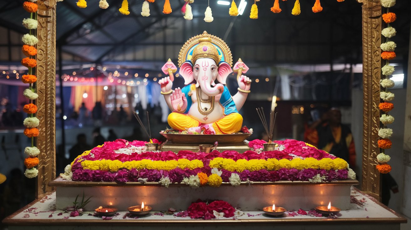 A beautifully decorated Ganesh idol with vibrant flowers, incense, and diyas, creating a divine and festive ambiance.