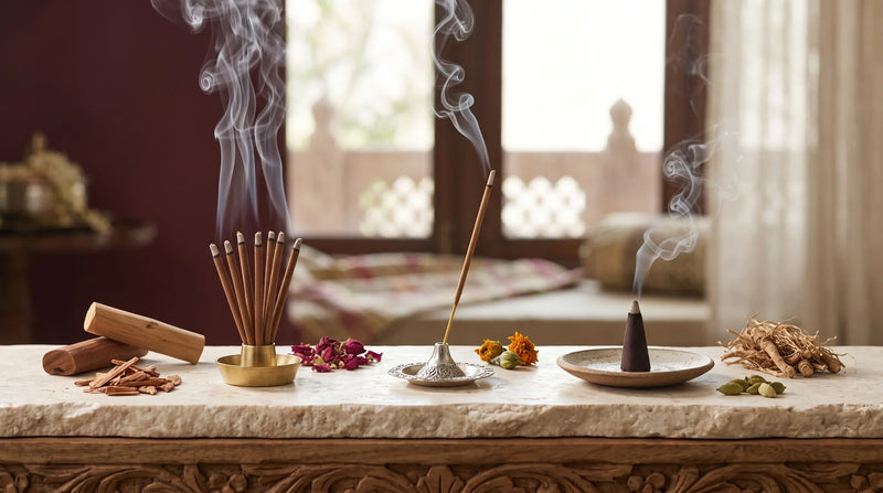 Dhoop, agarbatti, and incense cones displayed with traditional holders and aromatic ingredients.
