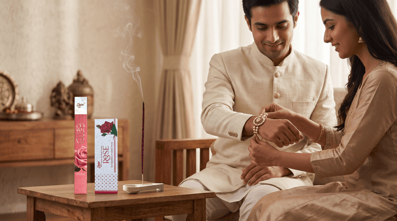 Indian couple celebrating Raksha Bandhan with a rakhi and Charu incense sticks.