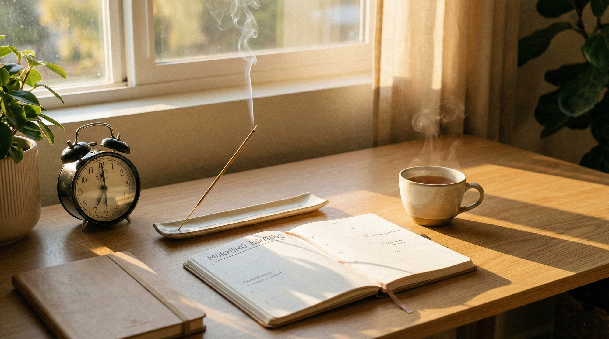 Incense stick burning on a study desk with alarm clock, planner, and tea near a window, creating a calm morning study environment for focused learning.