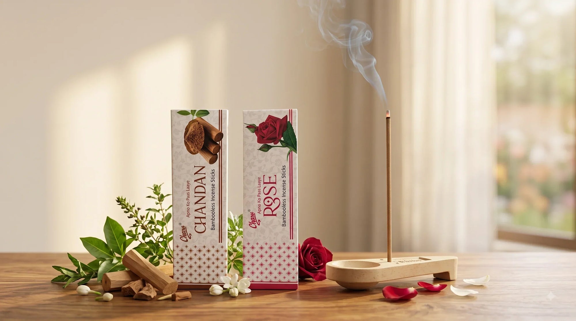 Charu bambooless Chandan and Rose incense sticks with natural ingredients and burning incense.