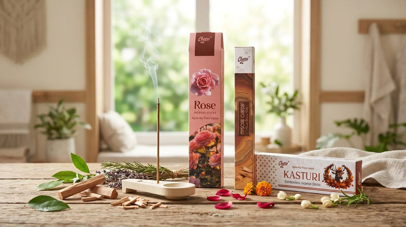 Charu chemical-free incense sticks in Rose, Mysore Chandan and Kasturi fragrances for home use.