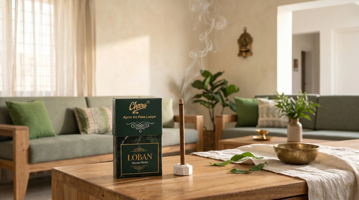 Charu Loban dhoop sticks burning in a peaceful living room, creating a traditional home fragrance setting for Vastu tips to clear negative energy.