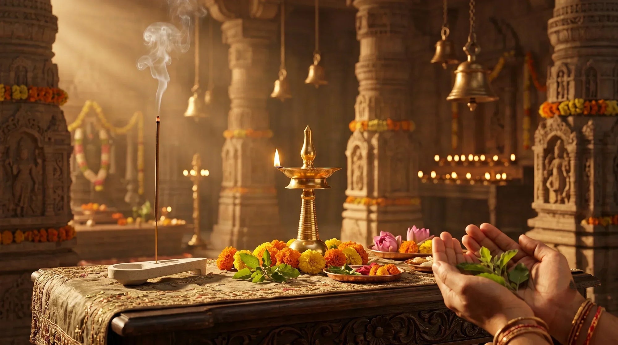 Burning incense and diya with Tulsi leaves, marigold flowers and prayer offerings representing Ashadhi Ekadashi 2026 rituals and spiritual significance.