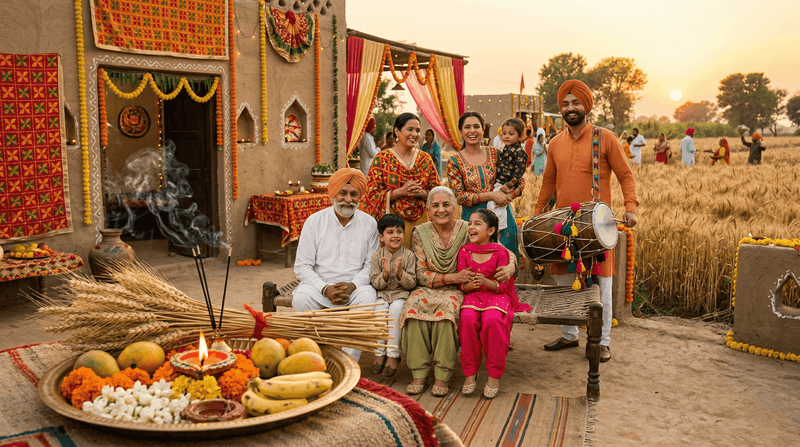 Punjabi family celebrating Baisakhi 2026 harvest festival with traditional rituals, food offerings and rural village setting