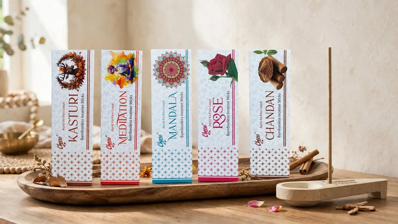 Charu bamboo-less incense sticks in Kasturi, Meditation, Mandala, Rose, and Chandan fragrances for a soothing home fragrance experience.