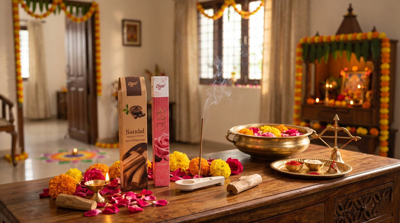Charu Sandal and Gulab incense sticks for a festive home fragrance during Dussehra puja with flowers, diya, and a decorated home temple.