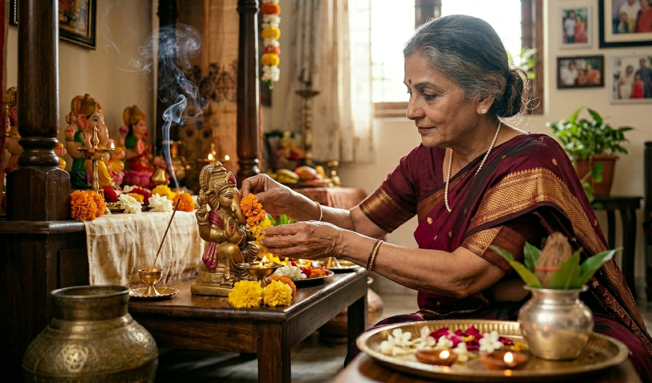 Indian mother performing puja with incense sticks and flowers at home temple for Mother’s Day ritual