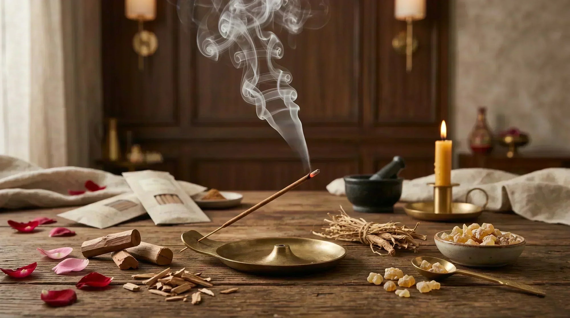 Burning natural incense stick with aromatic smoke, sandalwood pieces, herbs, resin crystals, and candle in a serene wellness setting for meditation, relaxation, and home fragrance.
