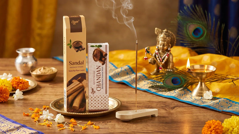 Charu Sandal and Chandan incense sticks arranged for Janmashtami puja with Krishna idol.