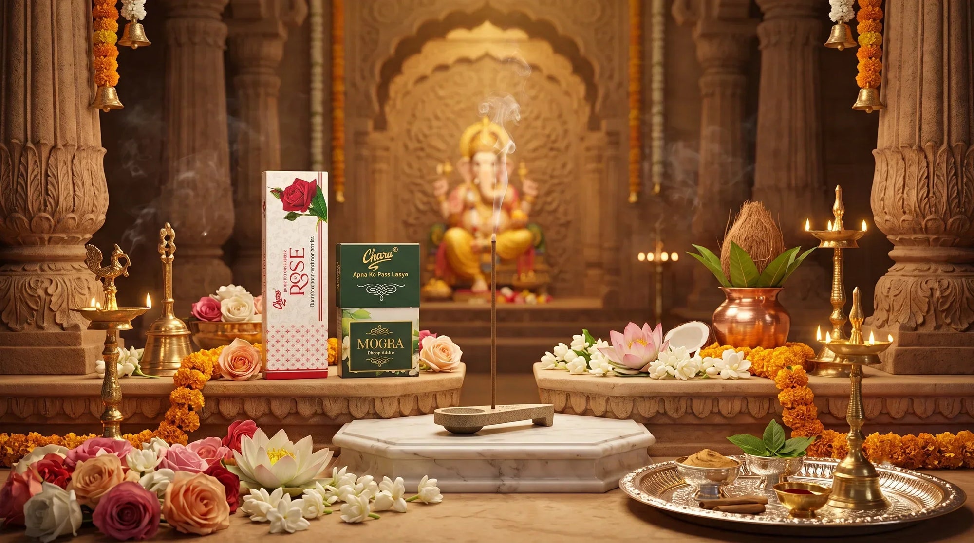 Natural incense sticks for temple donations and Hindu offerings during Ganesh puja rituals.