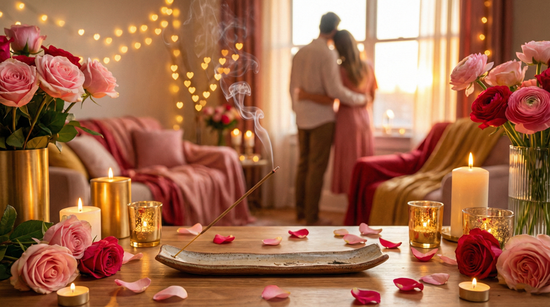 Rose incense sticks by Charu burning on a table with rose petals and candles, used to attract love and create a romantic home atmosphere.