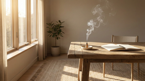 Cone incense burning on a wooden table near an open notebook, creating a calm environment for focus, clarity, and abundance rituals
