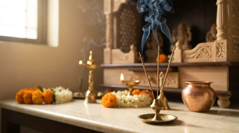 Brass incense sticks burning during a traditional Hindu pooja with flowers and diya at home.