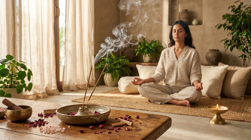 natural non toxic incense sticks burning in a calm meditation room with woman meditating and aromatic smoke creating peaceful home ambiance
