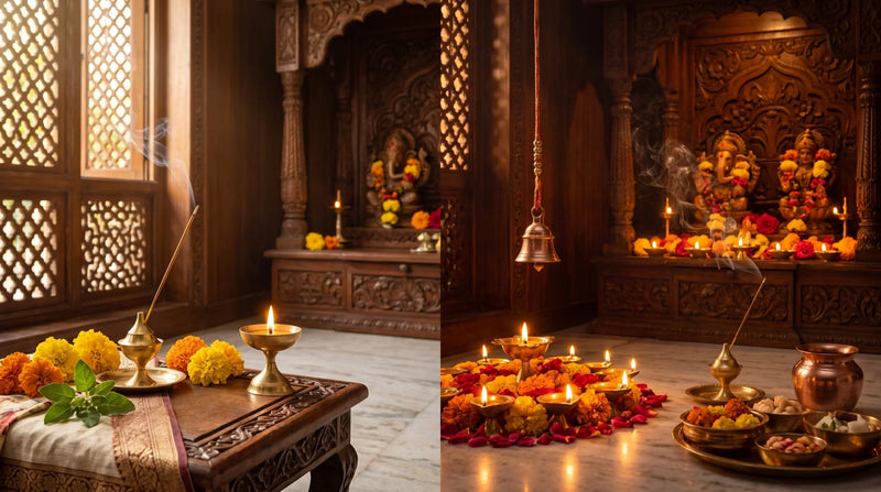 Morning and evening Hindu pooja altar with burning incense stick, brass diya, marigold flowers, and traditional home temple creating a peaceful devotional atmosphere.