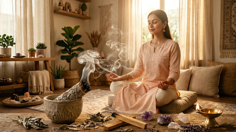 woman meditating with sage smudge stick and healing crystals in a peaceful wellness room for spiritual cleansing and negative energy removal