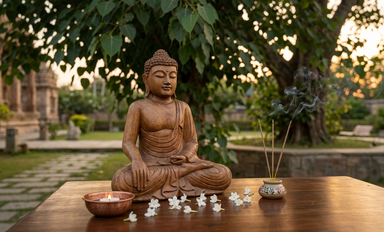 Buddha statue with burning incense sticks and flowers in peaceful garden meditation setting