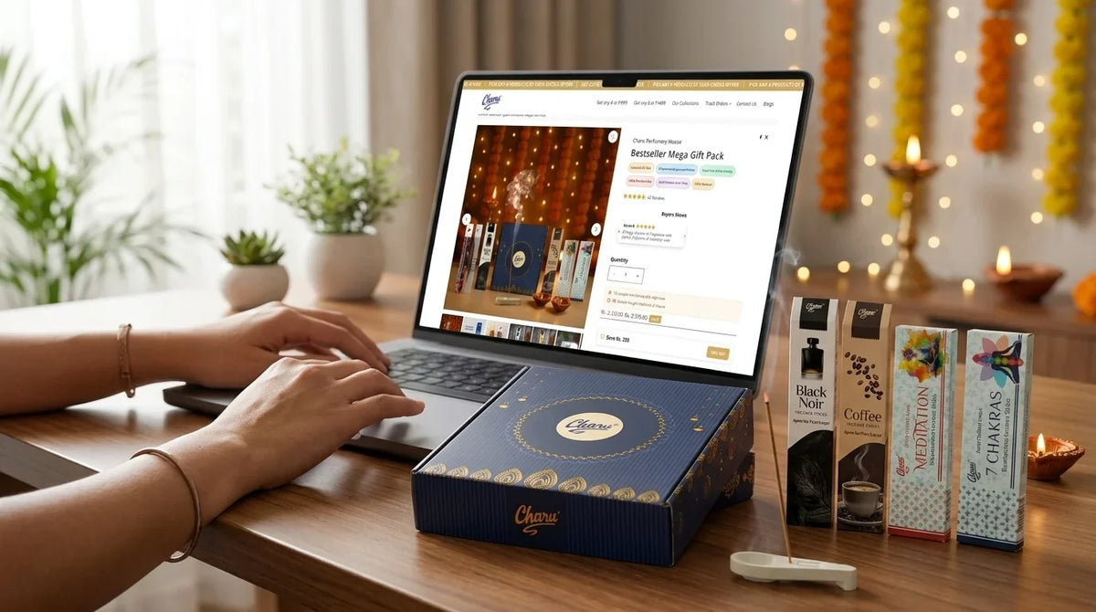 Charu incense gift box displayed with incense sticks while shopping online for festive gifting.