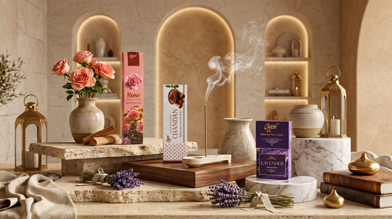 Charu natural incense collection featuring rose, chandan, and lavender fragrances for every mood