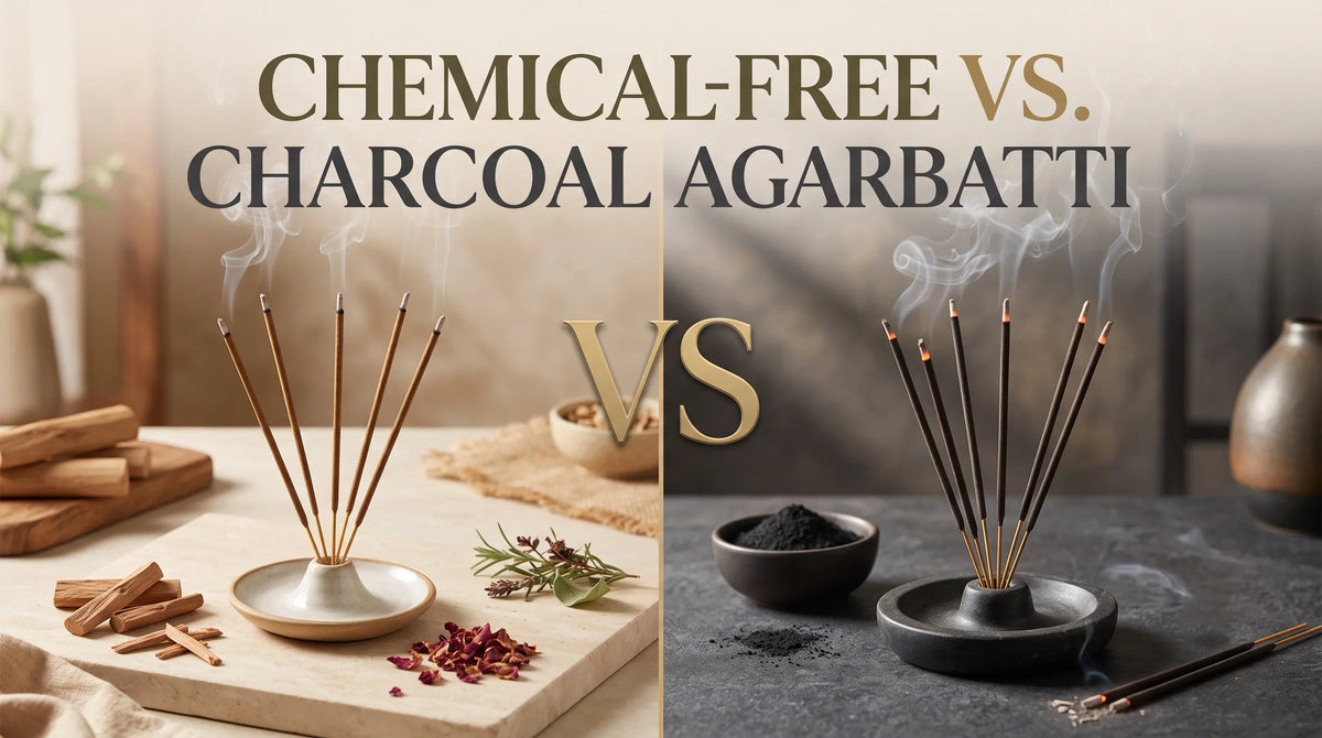 Chemical-free agarbatti vs charcoal incense sticks comparison showing natural wood-based incense sticks and charcoal-based incense for home fragrance and pooja.