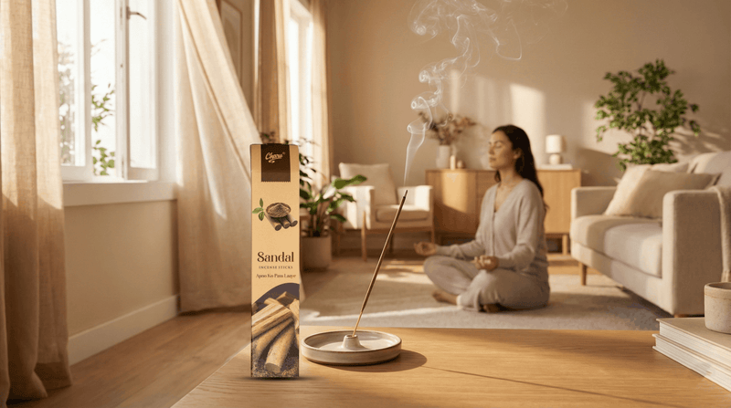 Sandal incense stick burning in holder beside product box, with woman meditating in sunlit living room background.