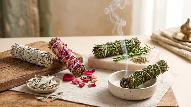 Different smudge sticks made with sage, rosemary, and rose petals for cleansing rituals.