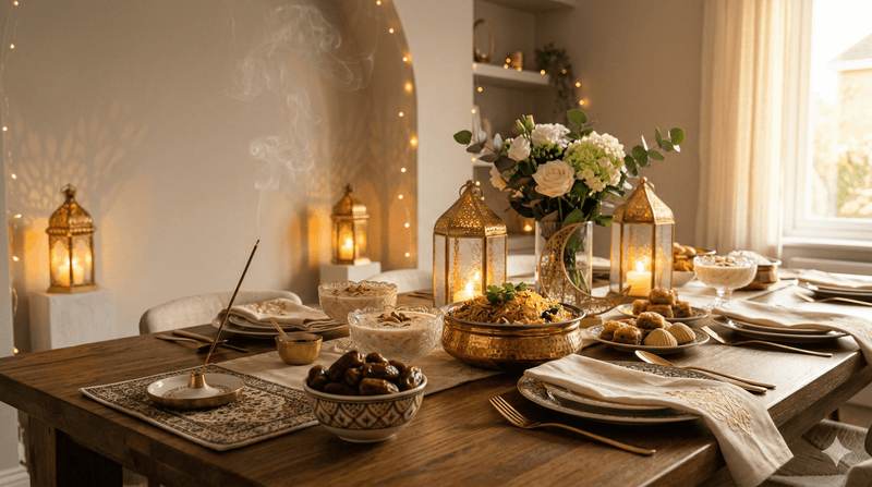 Festive Eid dining table with traditional food, lanterns, flowers, and burning incense creating a warm ambiance.