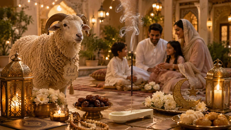 Eid ul Adha celebration setup with sacrificial sheep, incense stick smoke, Islamic lanterns, sweets and Muslim family gathering in festive home decor