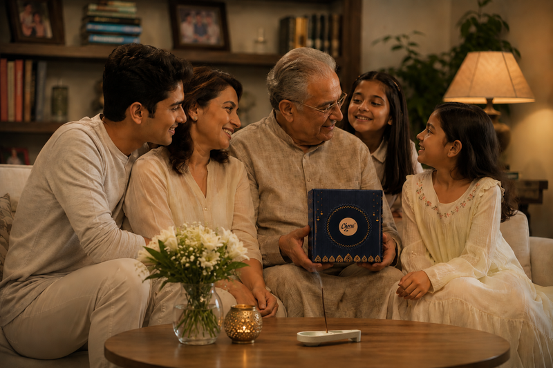 happy indian family celebrating together with premium incense gift box at home