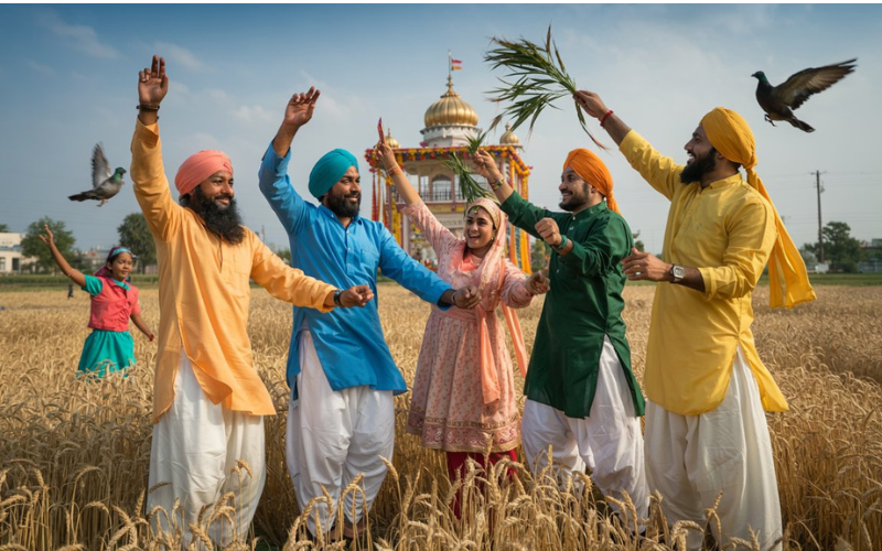 A joyful group of Sikh men and a woman in colorful traditional attire joyfully celebrate Baisakhi in a golden wheat field with decorated golden gurdwara in the background under a clear blue sky. 