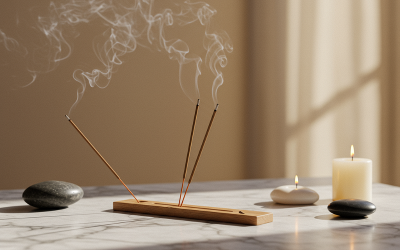 Burning Patchouli incense sticks releasing aromatic smoke on a marble surface with candles and stones creating a calming ambiance. 