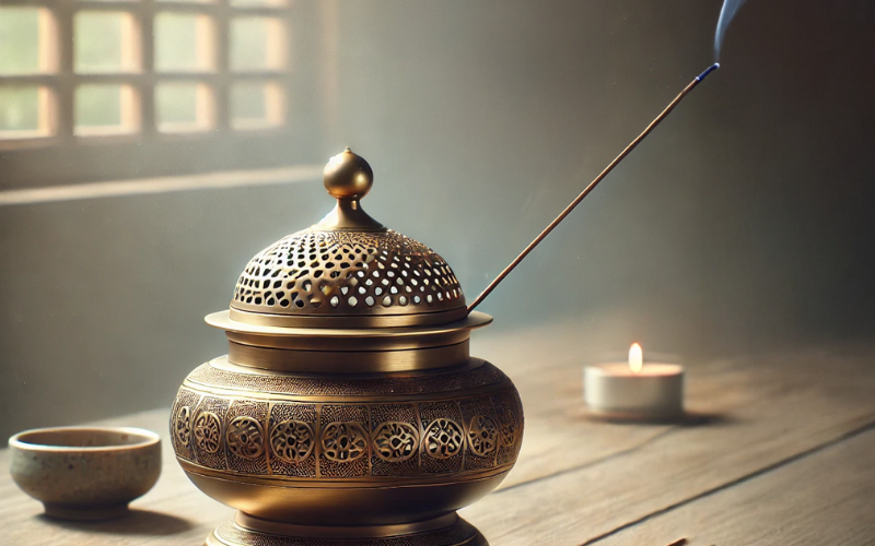 A wooden table displays an incense stick burner alongside a bowl of incense, enhancing the tranquil setting. 