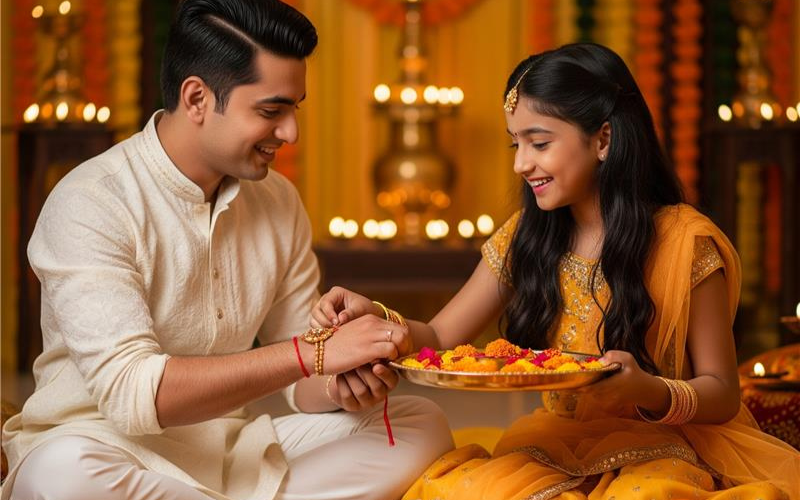Sister tying a rakhi on her brother's wrist during Raksha Bandhan, both dressed in traditional Indian attire, surrounded by festive decorations and lit diyas.
