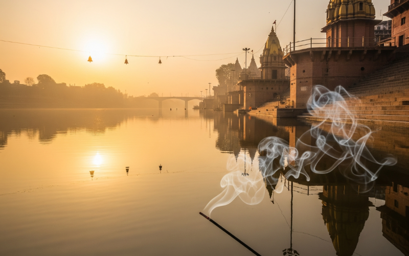 Sunrise over a serene riverside temple with incense smoke wafting in the foreground.