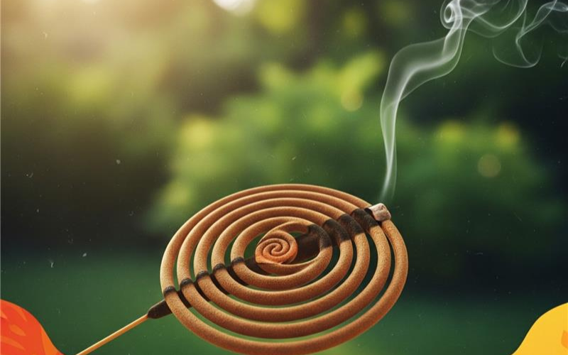 Burning mosquito coil with smoke rising, set against a blurred green outdoor background.