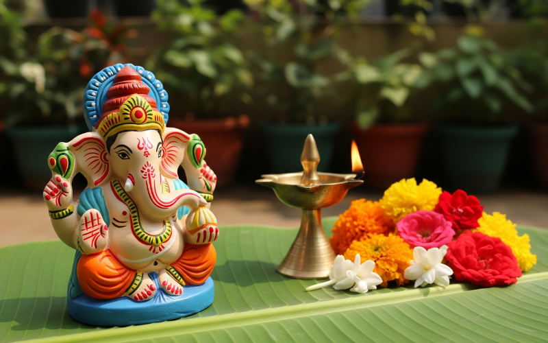 Colorful Ganesh idol with oil lamp and flowers on banana leaf. 