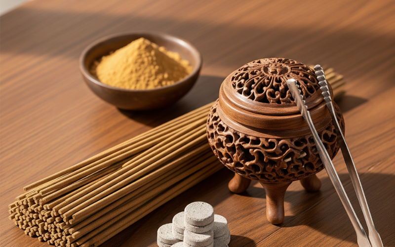Agarwood incense sticks with charcoal tablets, powder, and a carved wooden burner on a wooden surface.