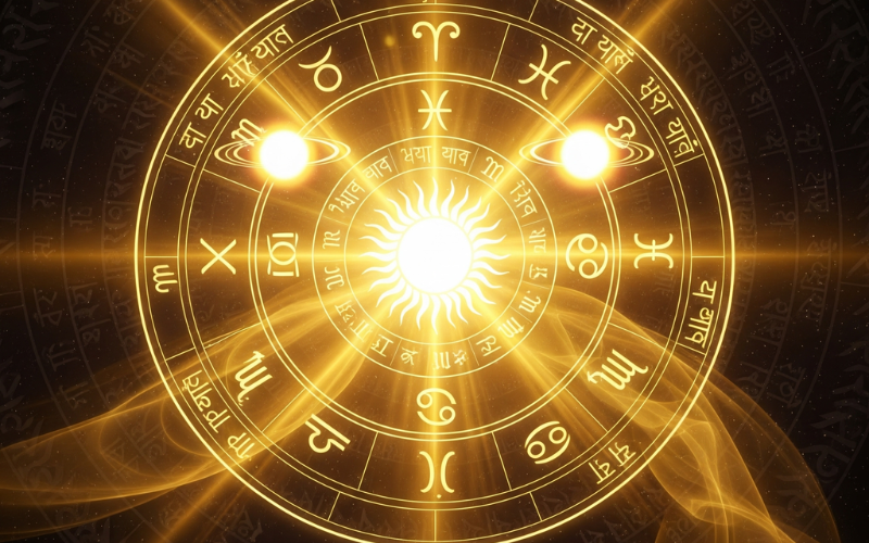 Illustration of Ubayachari Yoga formation with glowing celestial elements and zodiac signs. 