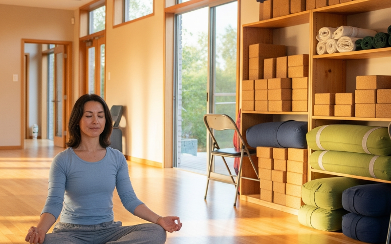 Woman practicing Iyengar Yoga in a bright studio with yoga props and meditation pose.