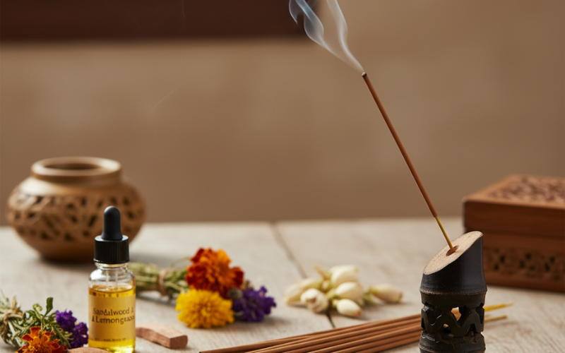 Single bambooless incense stick burning in a wooden holder in a cozy meditation room with cushions and plants.