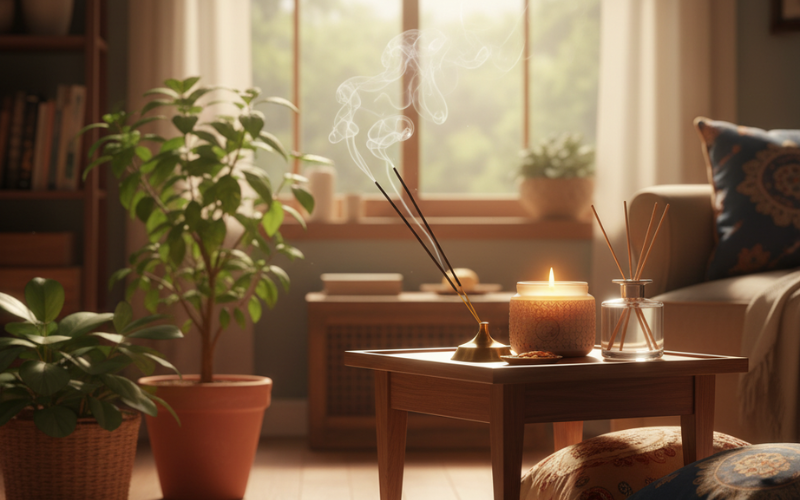 Incense stick with smoke rising from holder, candle and reed diffuser on wooden table by window.